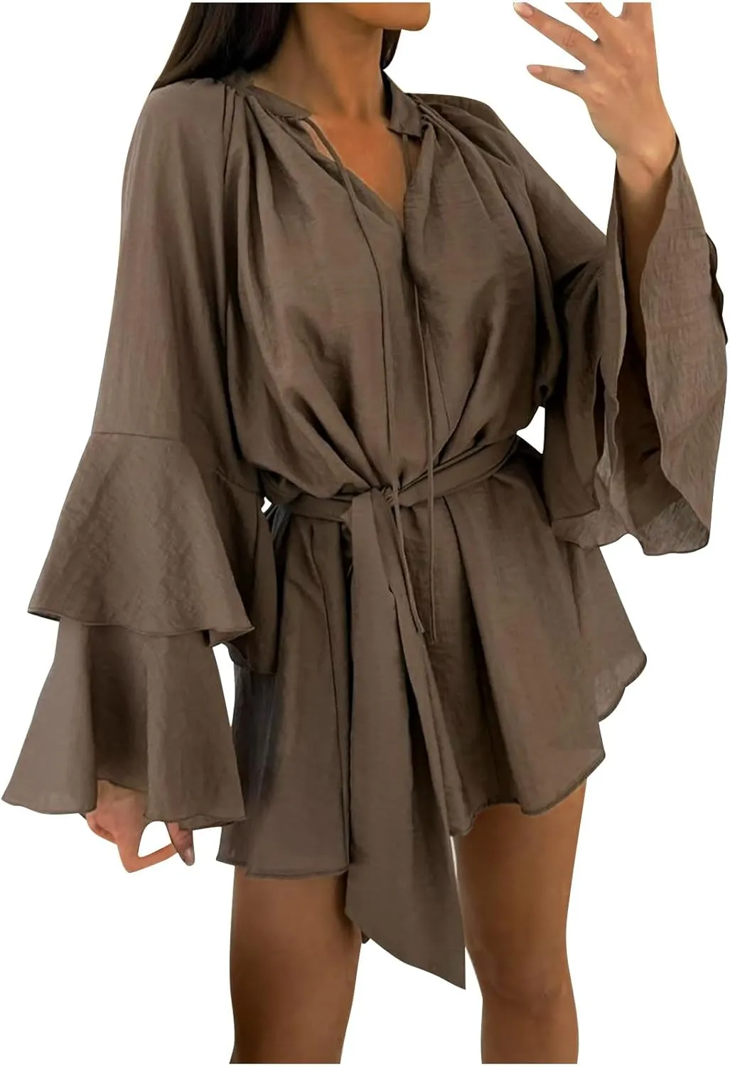 Womens Tie V Neck Casual Summer Loose Short Shirt Dress Flowy Tiered Ruffle Bell Long Sleeve Mini Dresses with Belt
