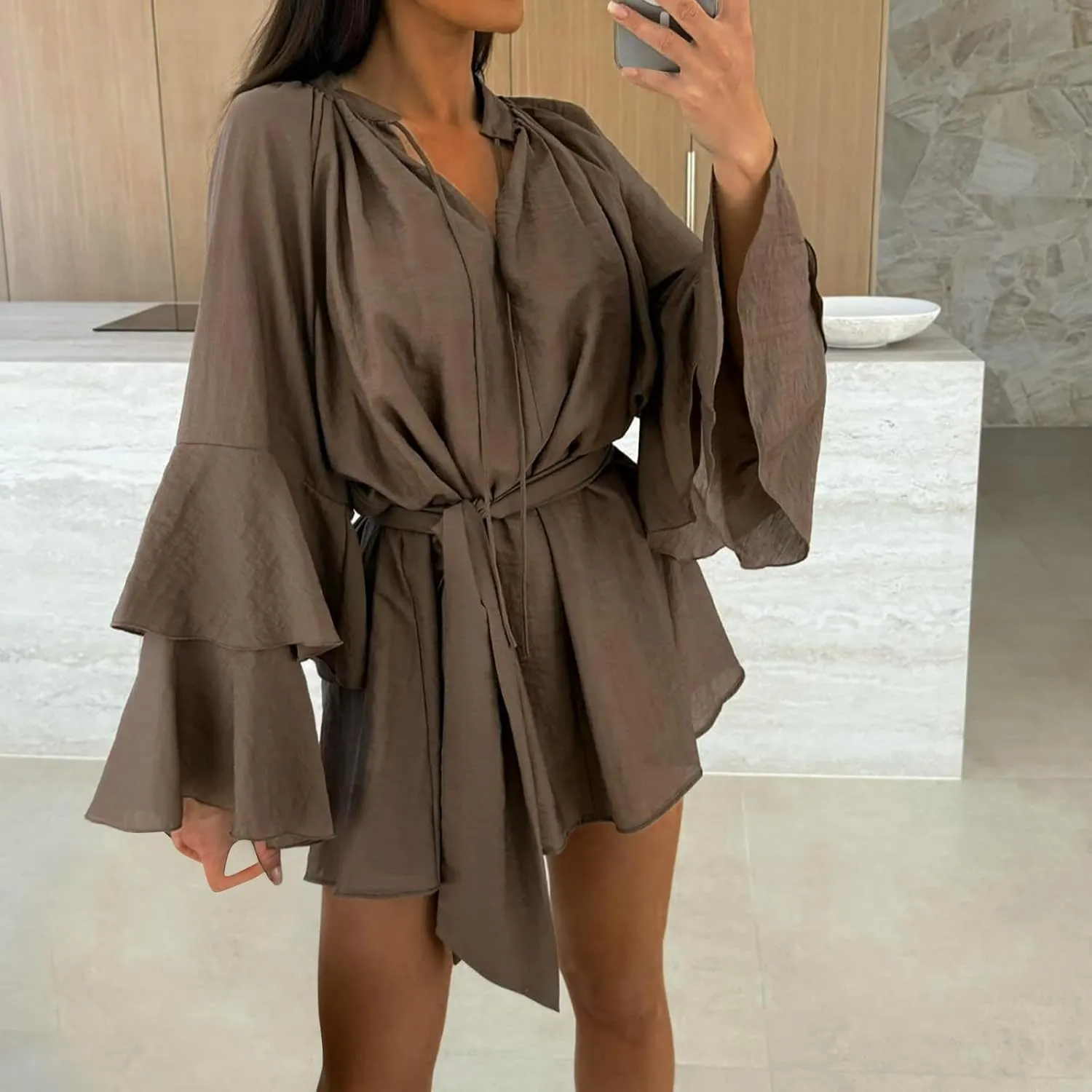 Womens Tie V Neck Casual Summer Loose Short Shirt Dress Flowy Tiered Ruffle Bell Long Sleeve Mini Dresses with Belt