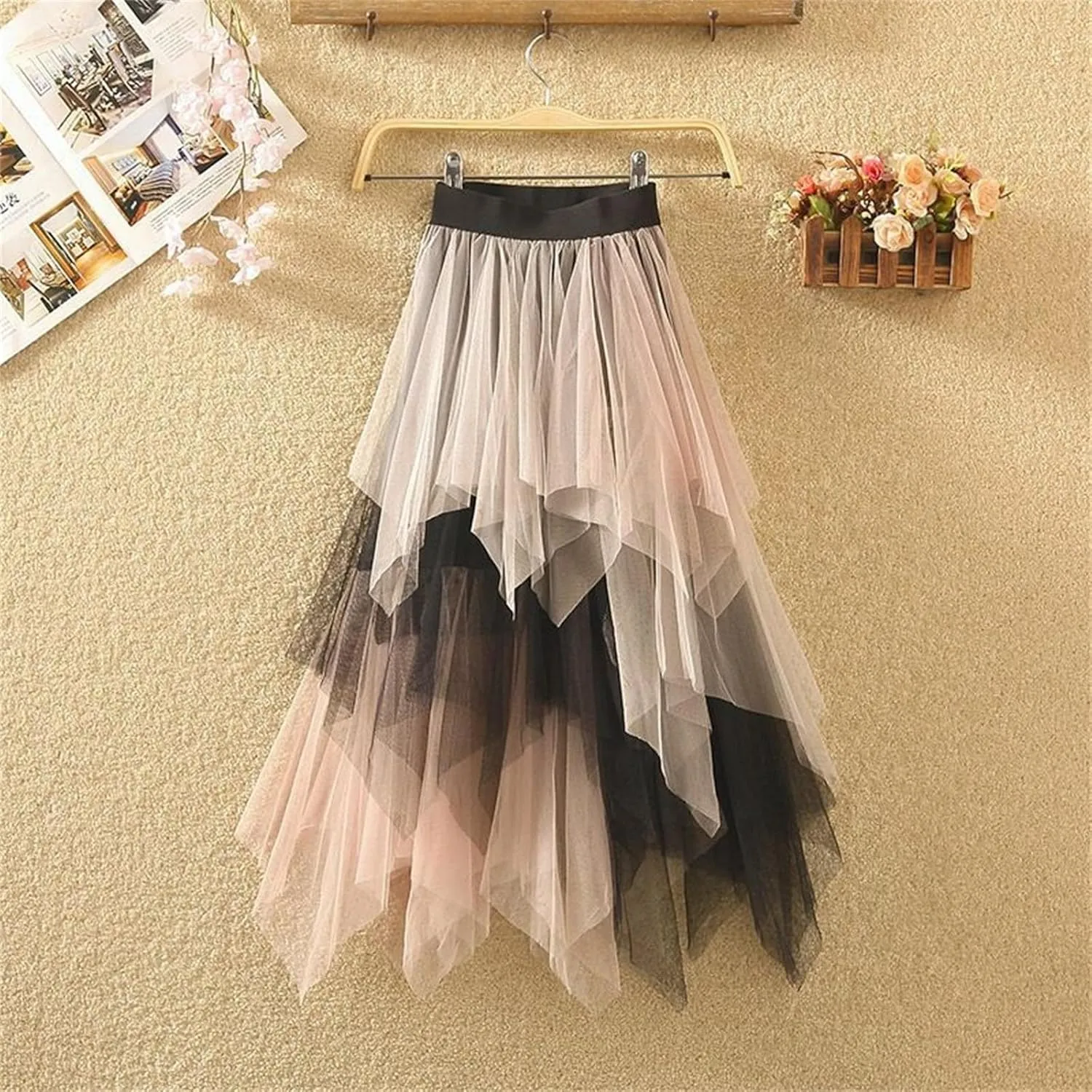 Womens Tulle Skirts Midi Elastic High Waist Pleated Mesh Flowy Rainbow A-Line Party Long Tutu Skirts