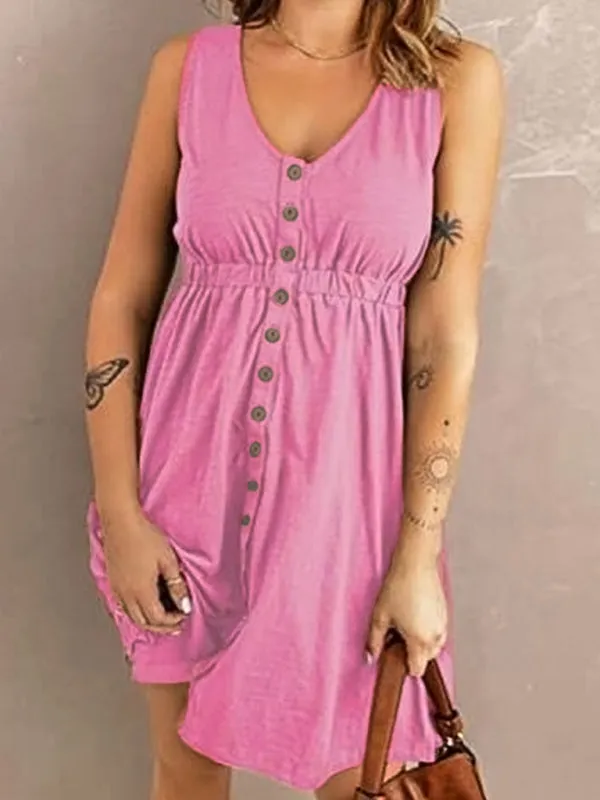 Women’s V-Neck Button Front Sleeveless A-Line Dress in 4 Colors S-XXL