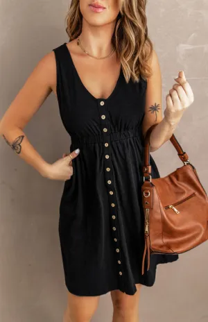 Women’s V-Neck Button Front Sleeveless A-Line Dress in 4 Colors S-XXL