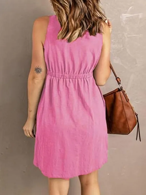 Women’s V-Neck Button Front Sleeveless A-Line Dress in 4 Colors S-XXL