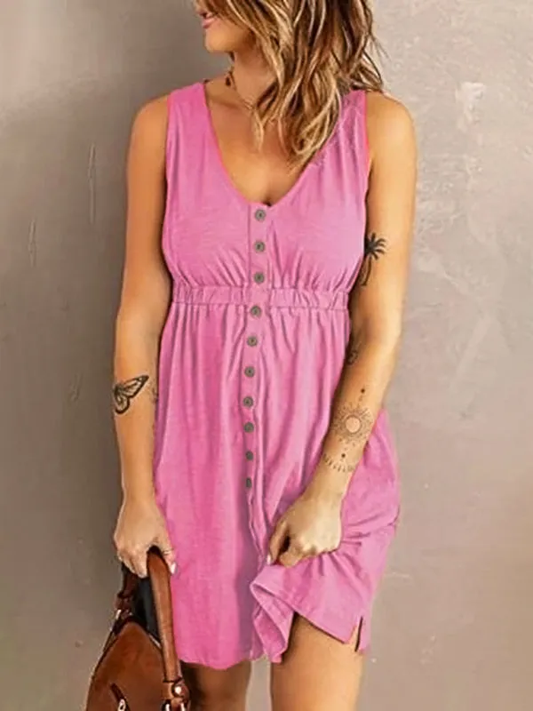Women’s V-Neck Button Front Sleeveless A-Line Dress in 4 Colors S-XXL