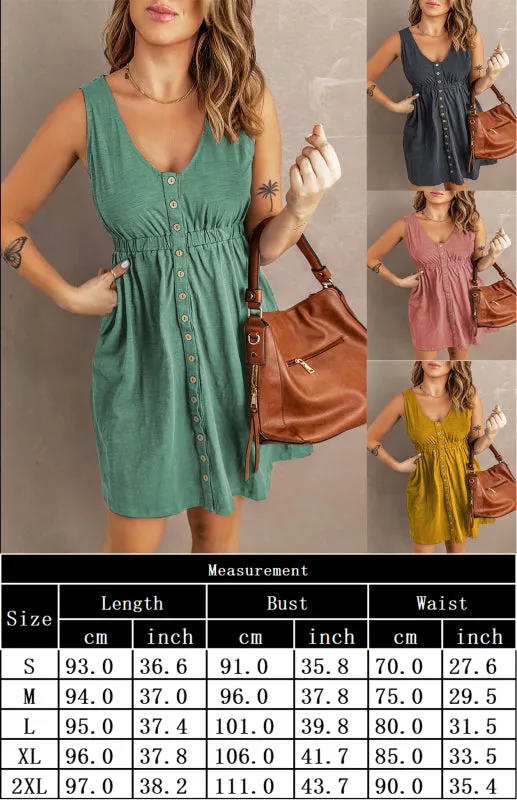 Women’s V-Neck Button Front Sleeveless A-Line Dress in 4 Colors S-XXL
