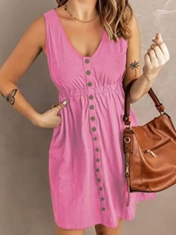 Women’s V-Neck Button Front Sleeveless A-Line Dress in 4 Colors S-XXL