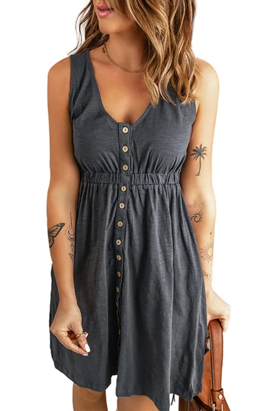 Women’s V-Neck Button Front Sleeveless A-Line Dress in 4 Colors S-XXL