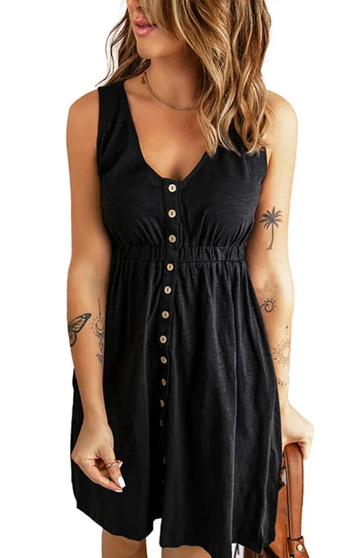 Women’s V-Neck Button Front Sleeveless A-Line Dress in 4 Colors S-XXL