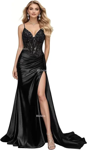 Women's V Neck Satin Prom Dresses Long Spaghetti Strap Sequin Appliques Mermaid Formal Evening Gown with Slit