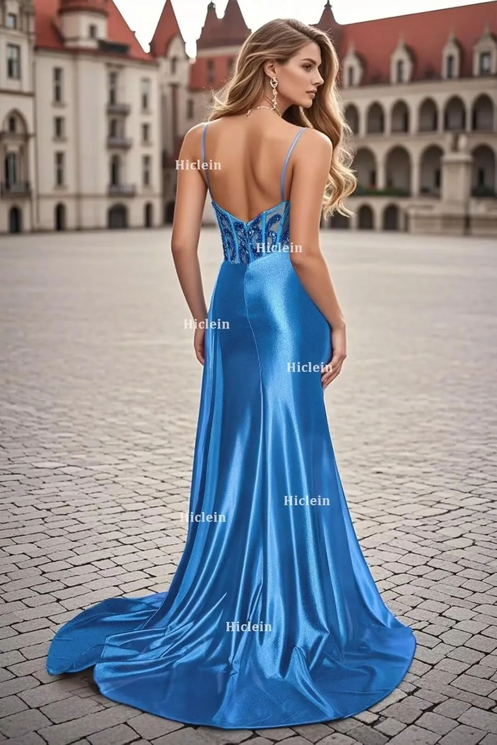 Women's V Neck Satin Prom Dresses Long Spaghetti Strap Sequin Appliques Mermaid Formal Evening Gown with Slit