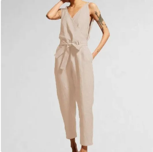 Women’s V-Neck Sleeveless Cropped Jumpsuit with Pockets