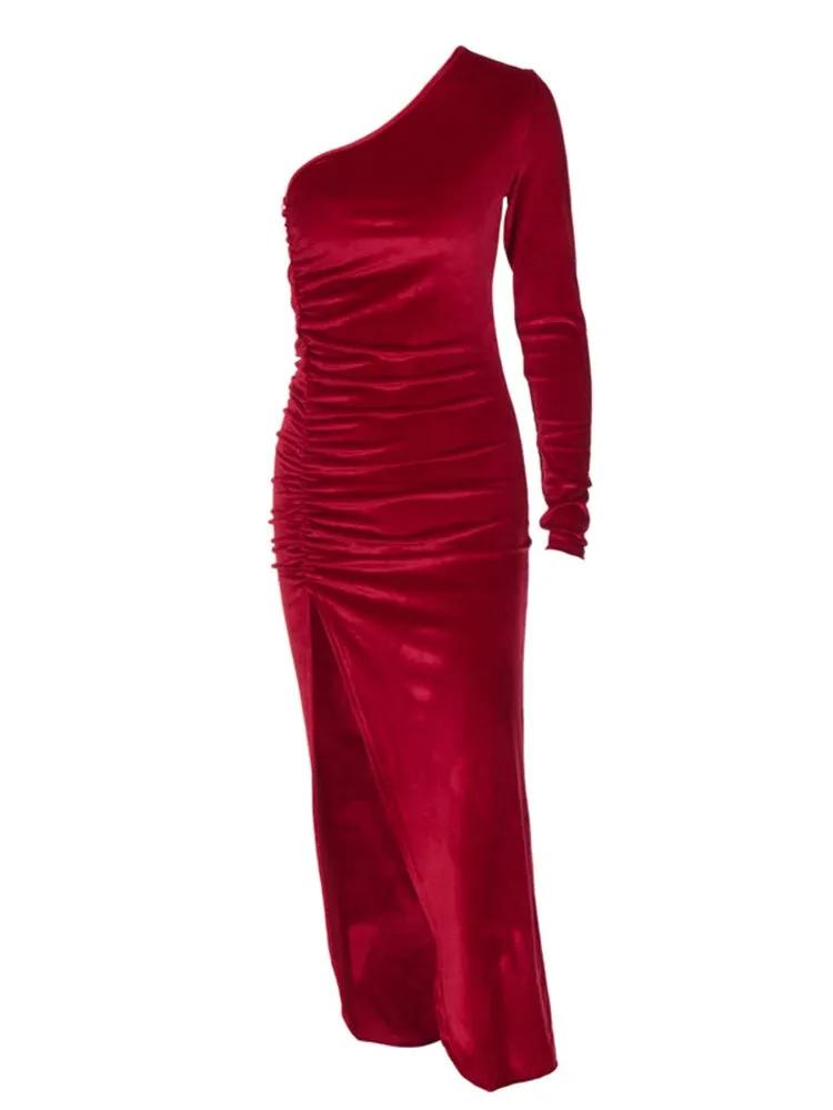 Women's Velvet Bodycon Midi Dress - Long Sleeve