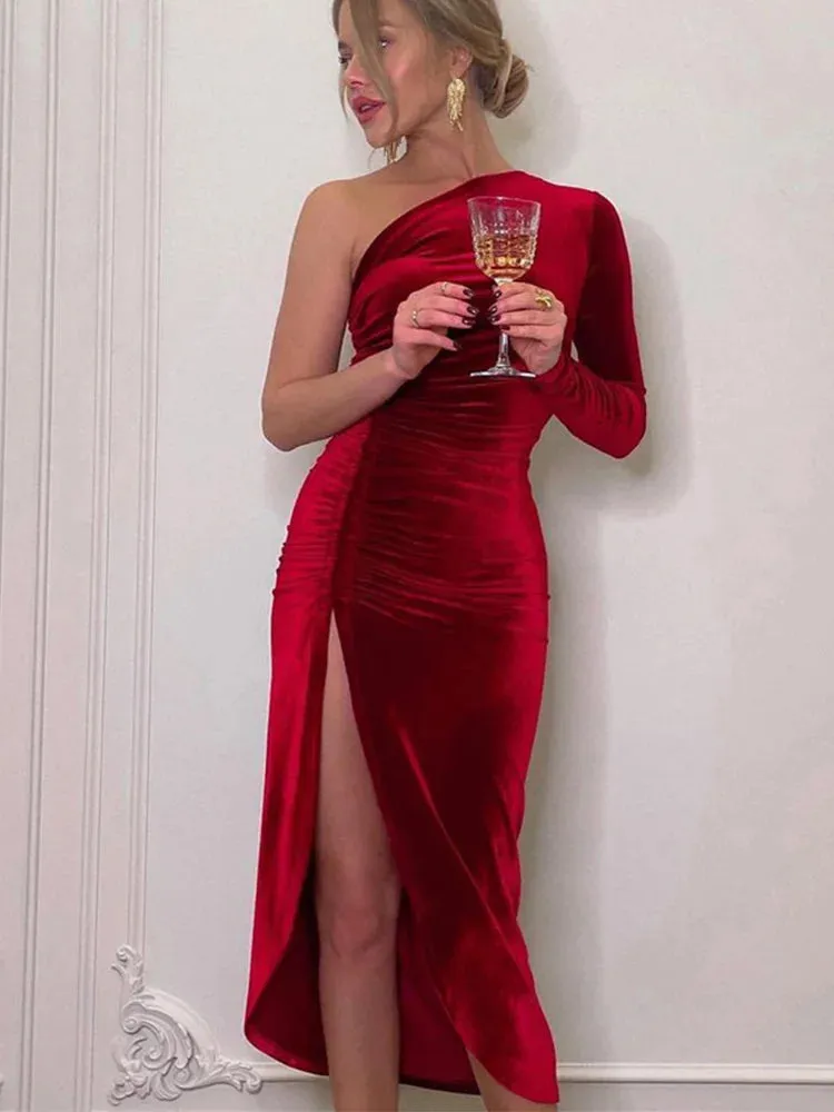 Women's Velvet Bodycon Midi Dress - Long Sleeve