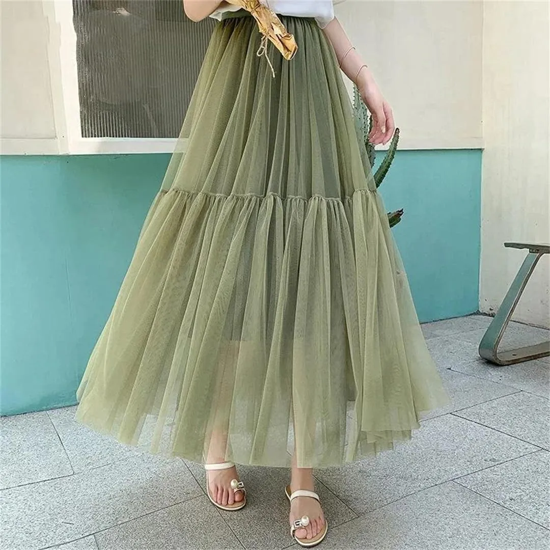 Womens Vintage Pleated Long Tulle Skirt High Waist Mesh Skirts