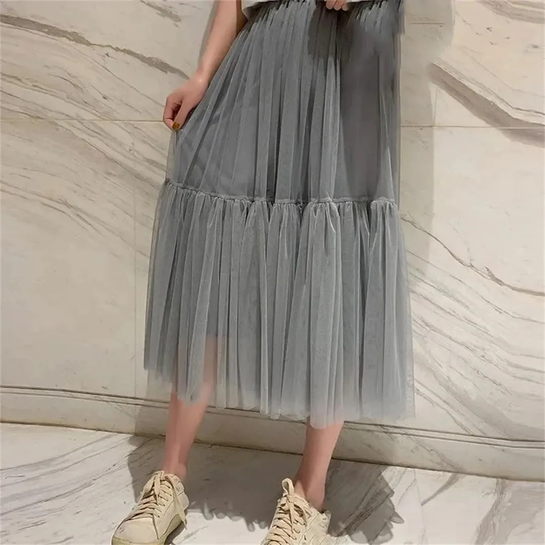 Womens Vintage Pleated Long Tulle Skirt High Waist Mesh Skirts