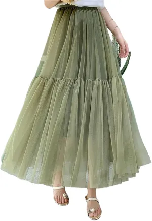 Womens Vintage Pleated Long Tulle Skirt High Waist Mesh Skirts