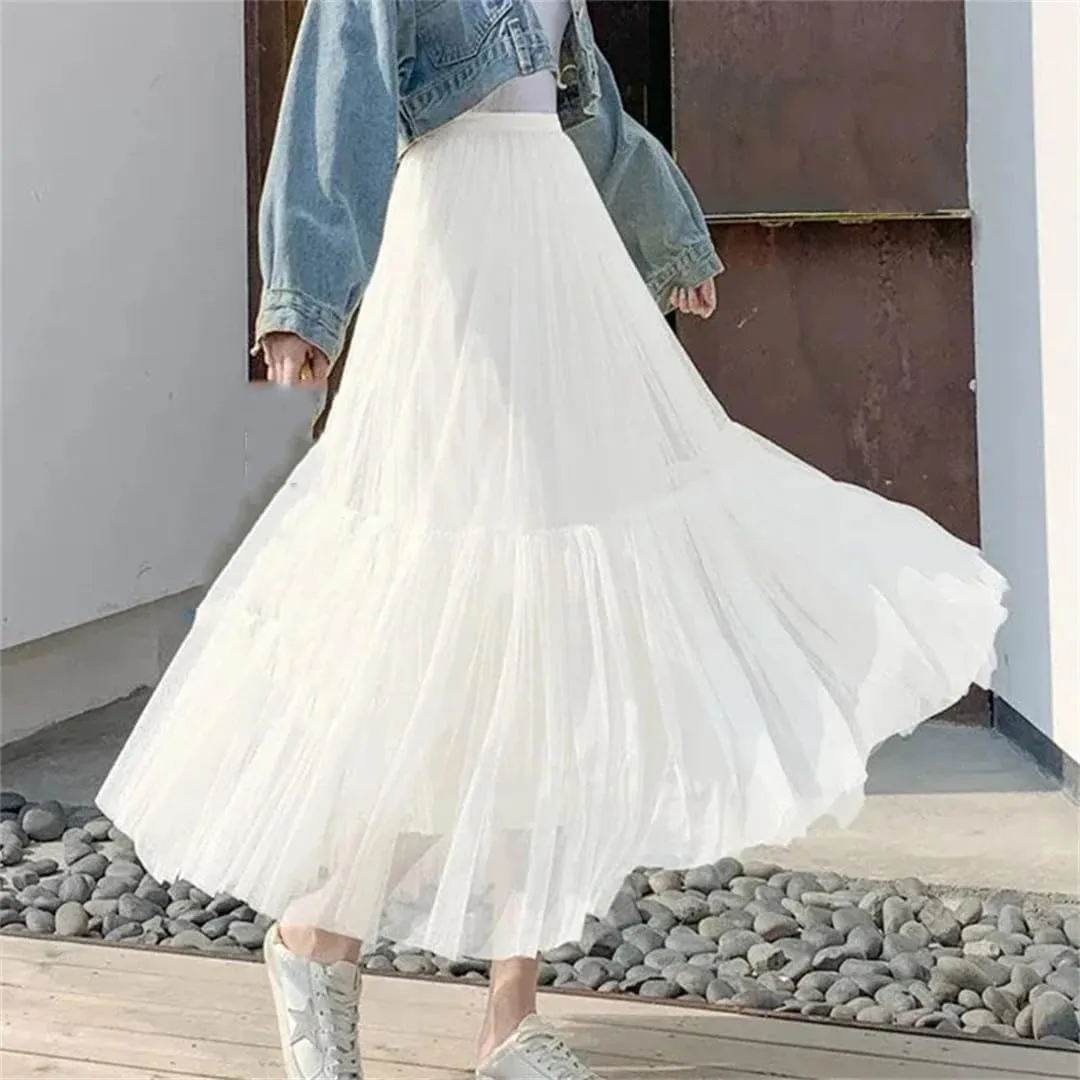 Womens Vintage Pleated Long Tulle Skirt High Waist Mesh Skirts