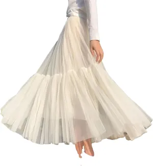 Womens Vintage Pleated Long Tulle Skirt High Waist Mesh Skirts