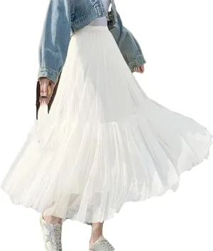 Womens Vintage Pleated Long Tulle Skirt High Waist Mesh Skirts