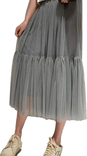 Womens Vintage Pleated Long Tulle Skirt High Waist Mesh Skirts