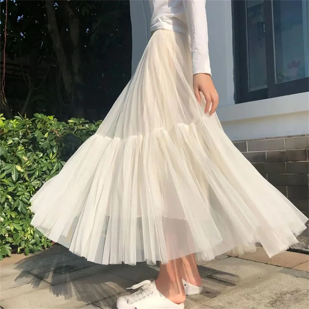 Womens Vintage Pleated Long Tulle Skirt High Waist Mesh Skirts