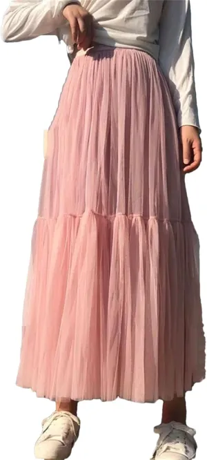 Womens Vintage Pleated Long Tulle Skirt High Waist Mesh Skirts