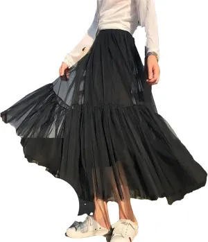 Womens Vintage Pleated Long Tulle Skirt High Waist Mesh Skirts
