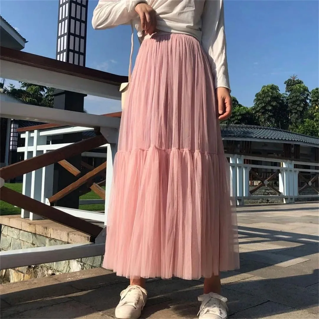 Womens Vintage Pleated Long Tulle Skirt High Waist Mesh Skirts