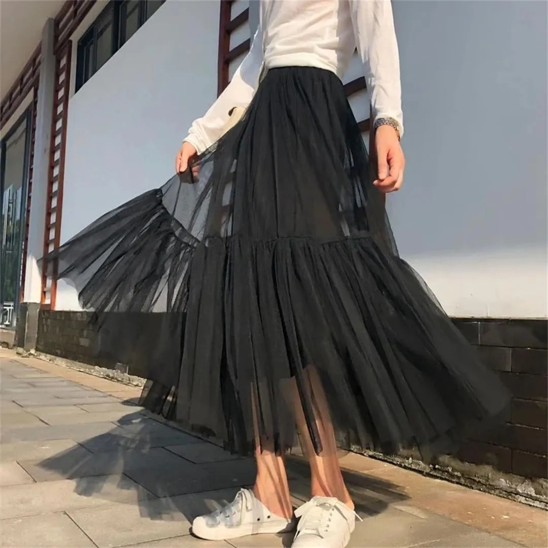 Womens Vintage Pleated Long Tulle Skirt High Waist Mesh Skirts