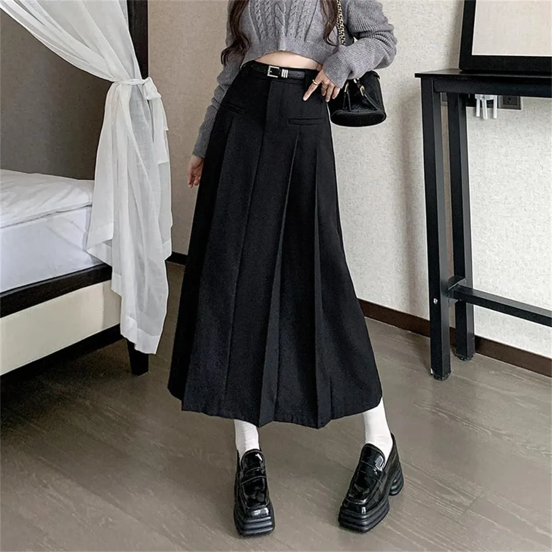 Women's Vintage Pleated Suit Long Skirts High Waist Mid Length Workwear Office Skirts