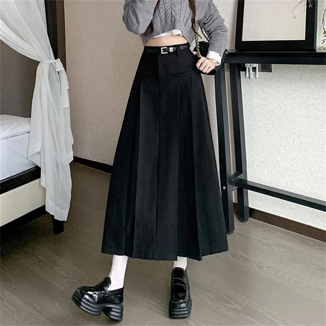 Women's Vintage Pleated Suit Long Skirts High Waist Mid Length Workwear Office Skirts
