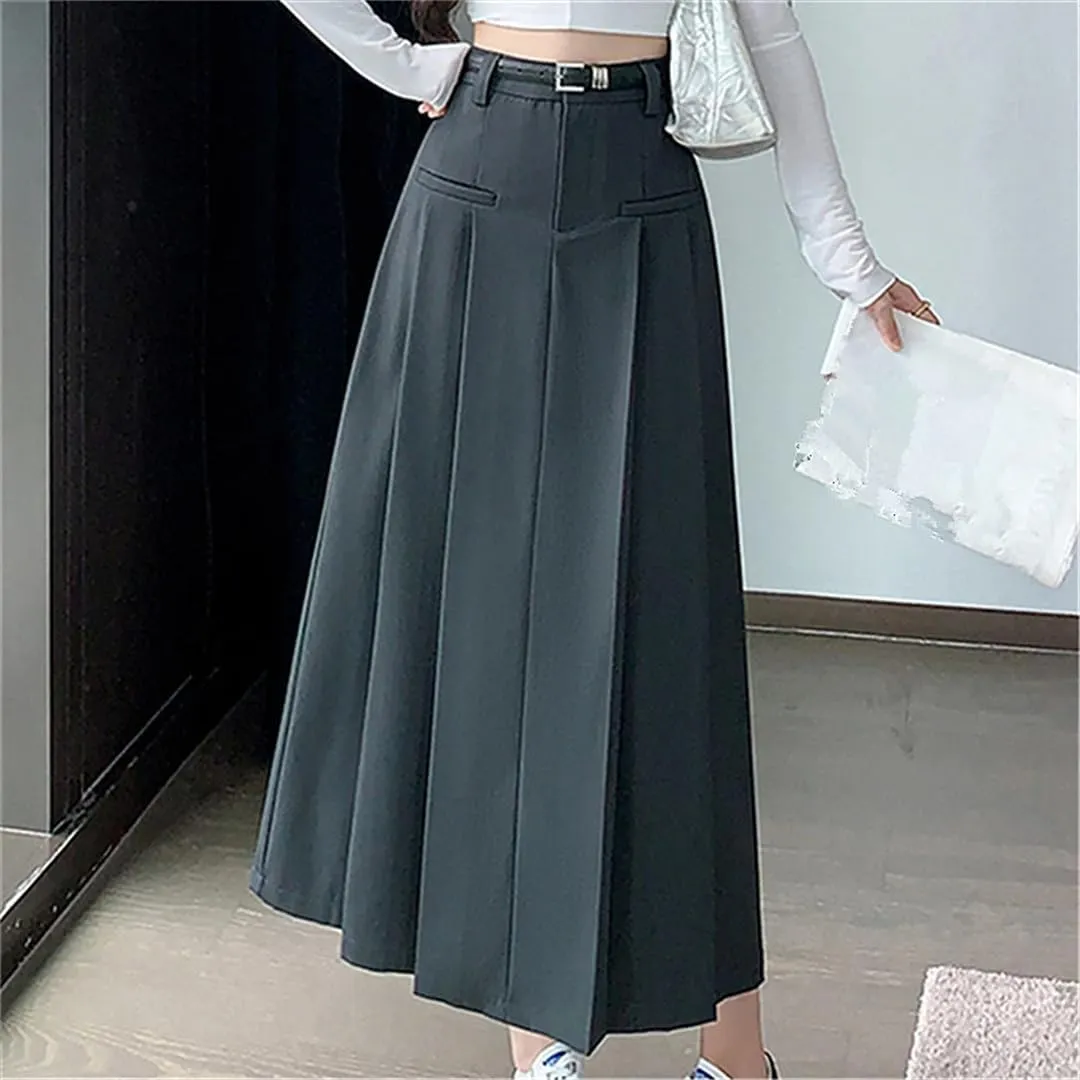 Women's Vintage Pleated Suit Long Skirts High Waist Mid Length Workwear Office Skirts