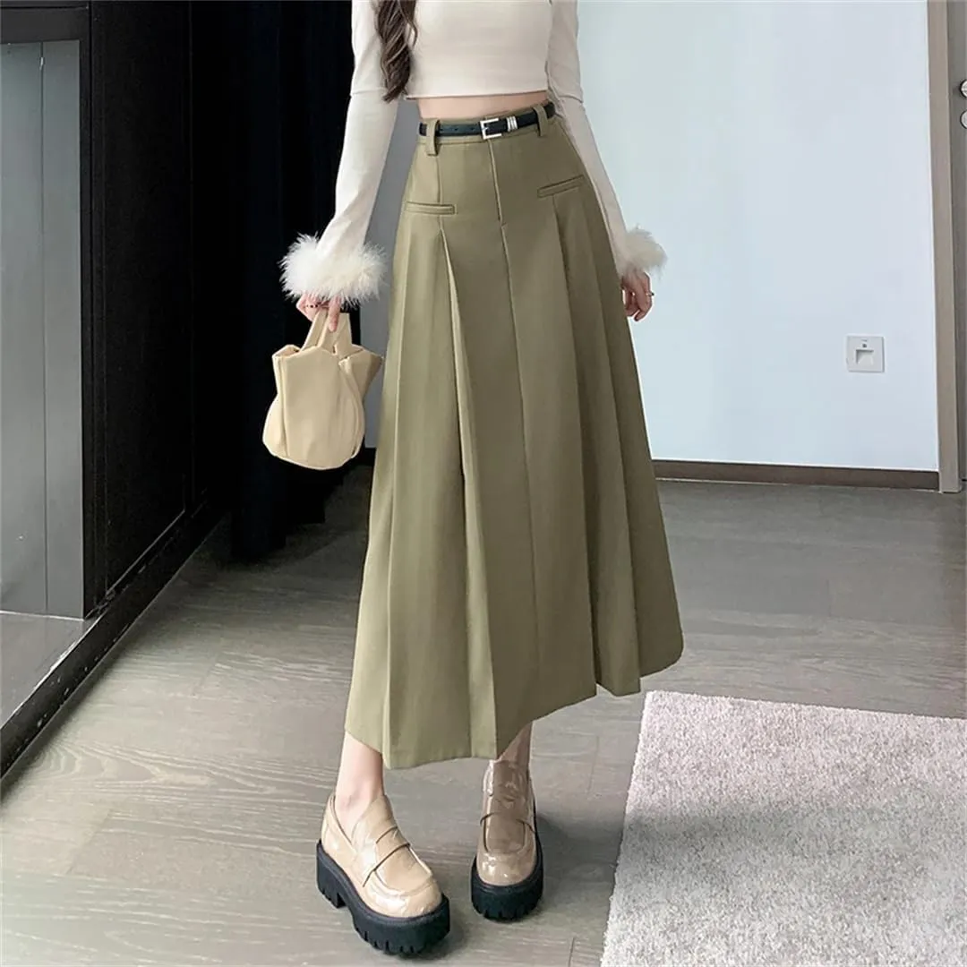 Women's Vintage Pleated Suit Long Skirts High Waist Mid Length Workwear Office Skirts