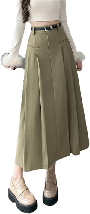 Women's Vintage Pleated Suit Long Skirts High Waist Mid Length Workwear Office Skirts
