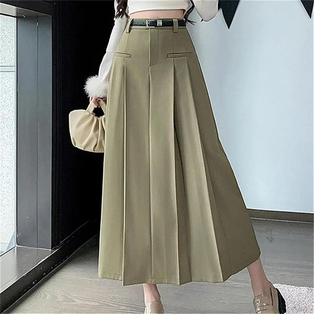 Women's Vintage Pleated Suit Long Skirts High Waist Mid Length Workwear Office Skirts