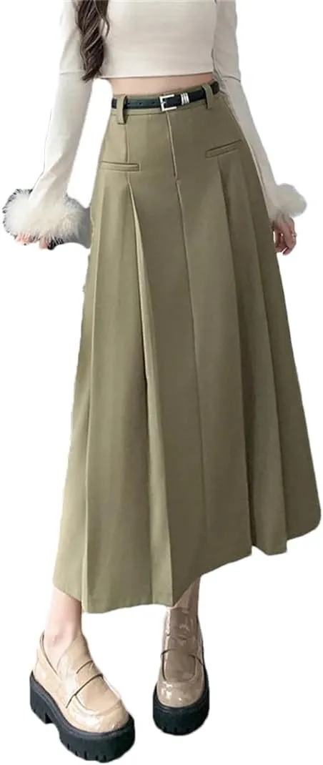 Women's Vintage Pleated Suit Long Skirts High Waist Mid Length Workwear Office Skirts