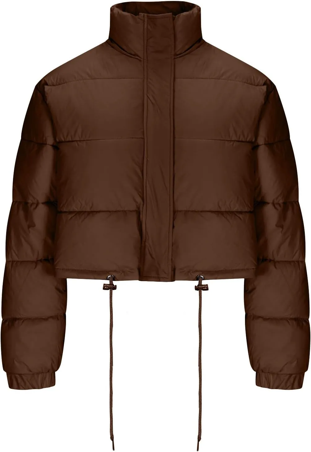 Womens Winter Long Sleeve Zip Up Puffer Jacket Stand Collar Baggy Fashion Warm Outerwear Drawstring Short Down Coats