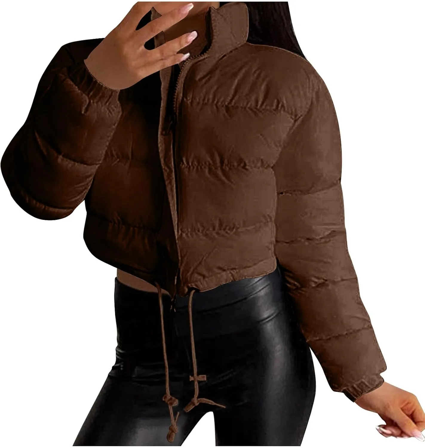Womens Winter Long Sleeve Zip Up Puffer Jacket Stand Collar Baggy Fashion Warm Outerwear Drawstring Short Down Coats