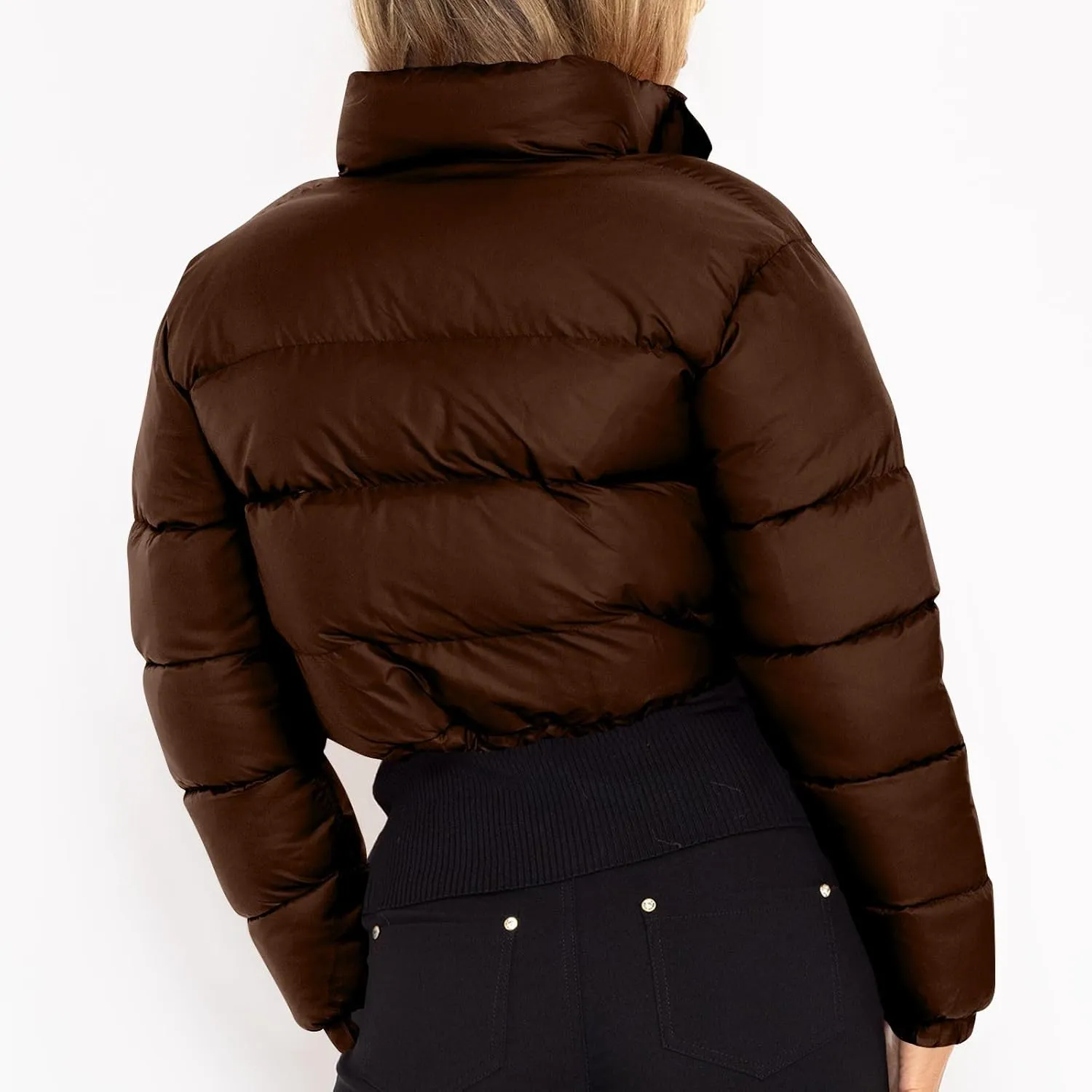 Womens Winter Long Sleeve Zip Up Puffer Jacket Stand Collar Baggy Fashion Warm Outerwear Drawstring Short Down Coats
