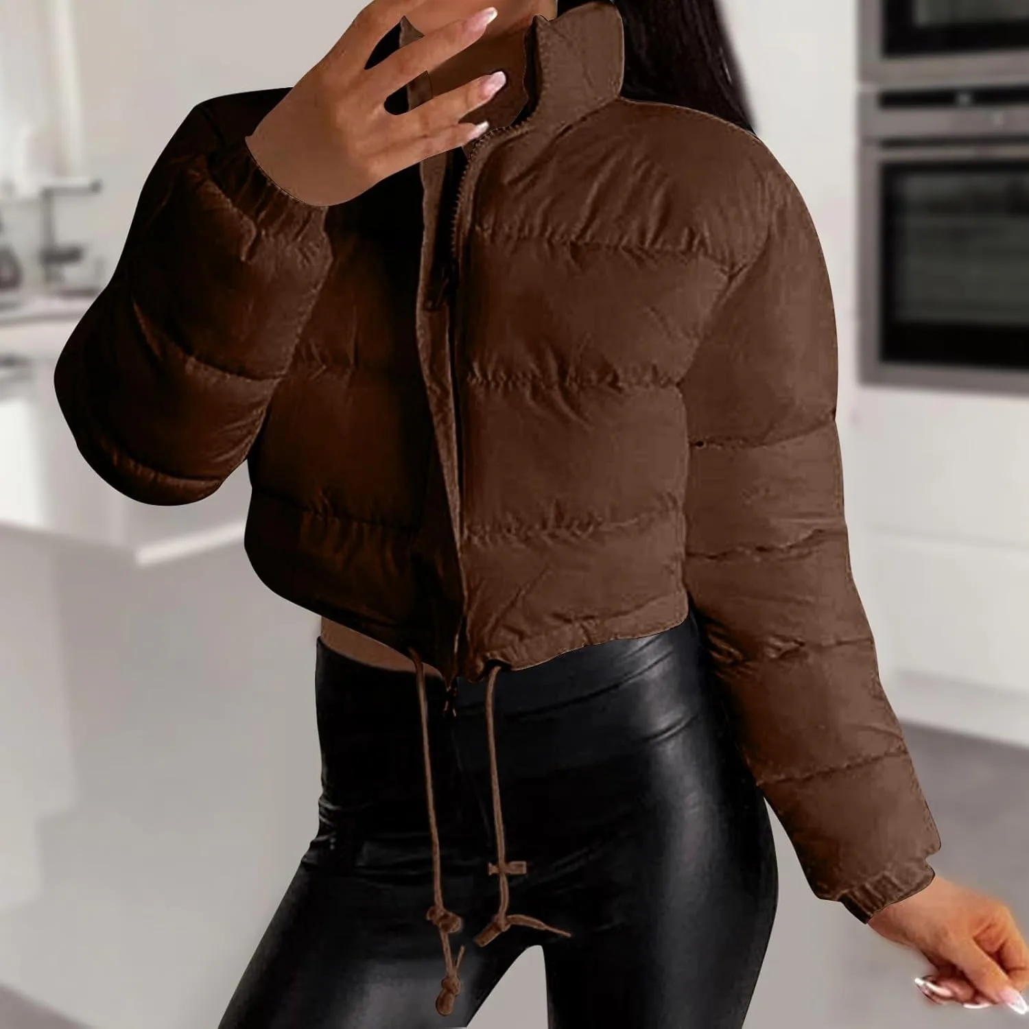 Womens Winter Long Sleeve Zip Up Puffer Jacket Stand Collar Baggy Fashion Warm Outerwear Drawstring Short Down Coats