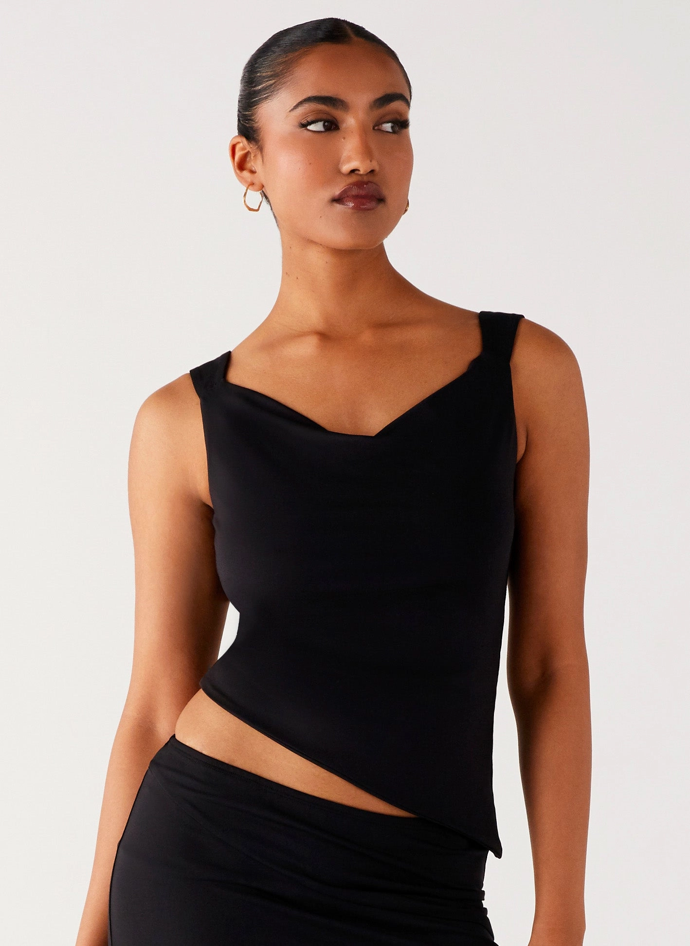 Wonderlust Cowl Top - Black Breathable fabric