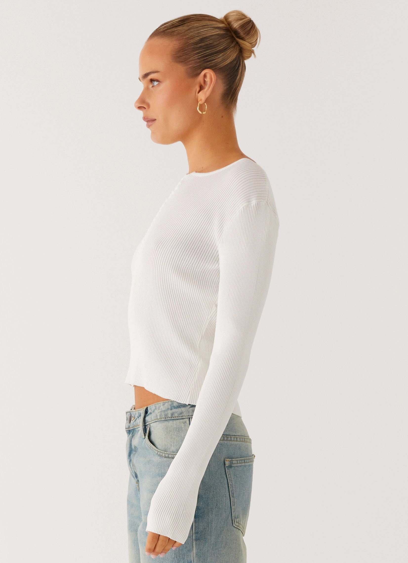 Wonderwall Lace Up Long Sleeve Top - White Low Profile Stitching Soft Knit