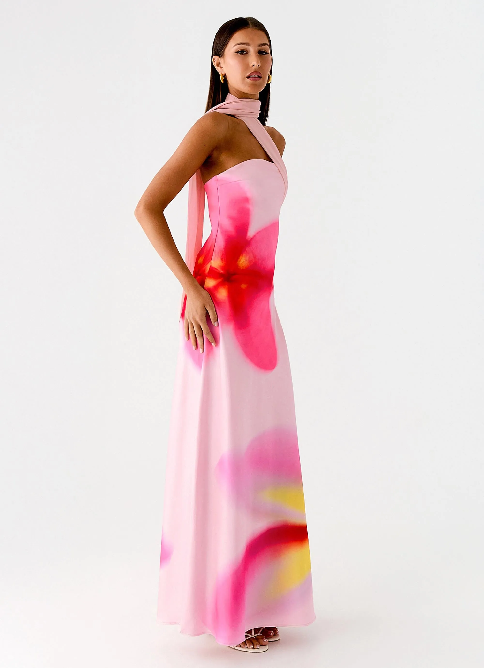 Isa Scarf Satin Maxi Dress - Frangipani Pink Elegant Comfort Work Option