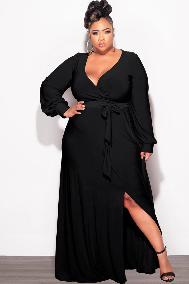 Final Sale Plus Size Faux Wrap Maxi Dress with Side Slit in Black Cozy Touch