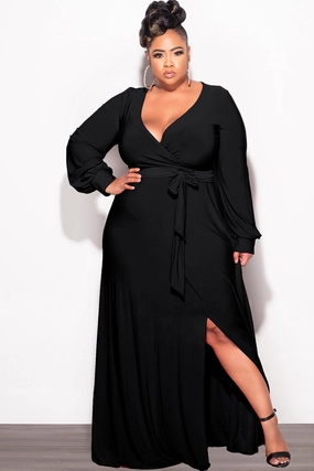Final Sale Plus Size Faux Wrap Maxi Dress with Side Slit in Black Cozy Touch
