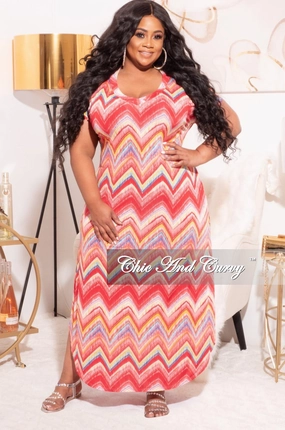 Refined fit Final Sale Plus Size Maxi Dress in Coral Zip Zag Multi-Color Print