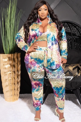 Training Comfort Final Sale Plus Size Velvet 3pc (Button Up Collar Top, Crop Bra Top & Pants) Set in Multi Color Print