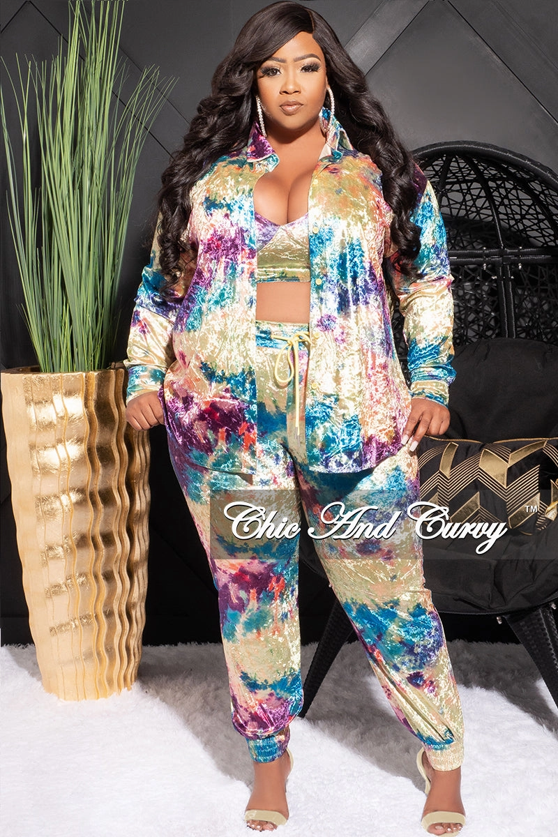 Final Sale Plus Size Velvet 3pc (Button Up Collar Top, Crop Bra Top & Pants) Set in Multi Color Print No Bunching Structured Hemline