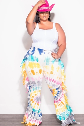 Final Sale Plus Size Jean with Fringe Trim in Multi Color Tie Dye Print Flexible Gusset Design BreathableLining