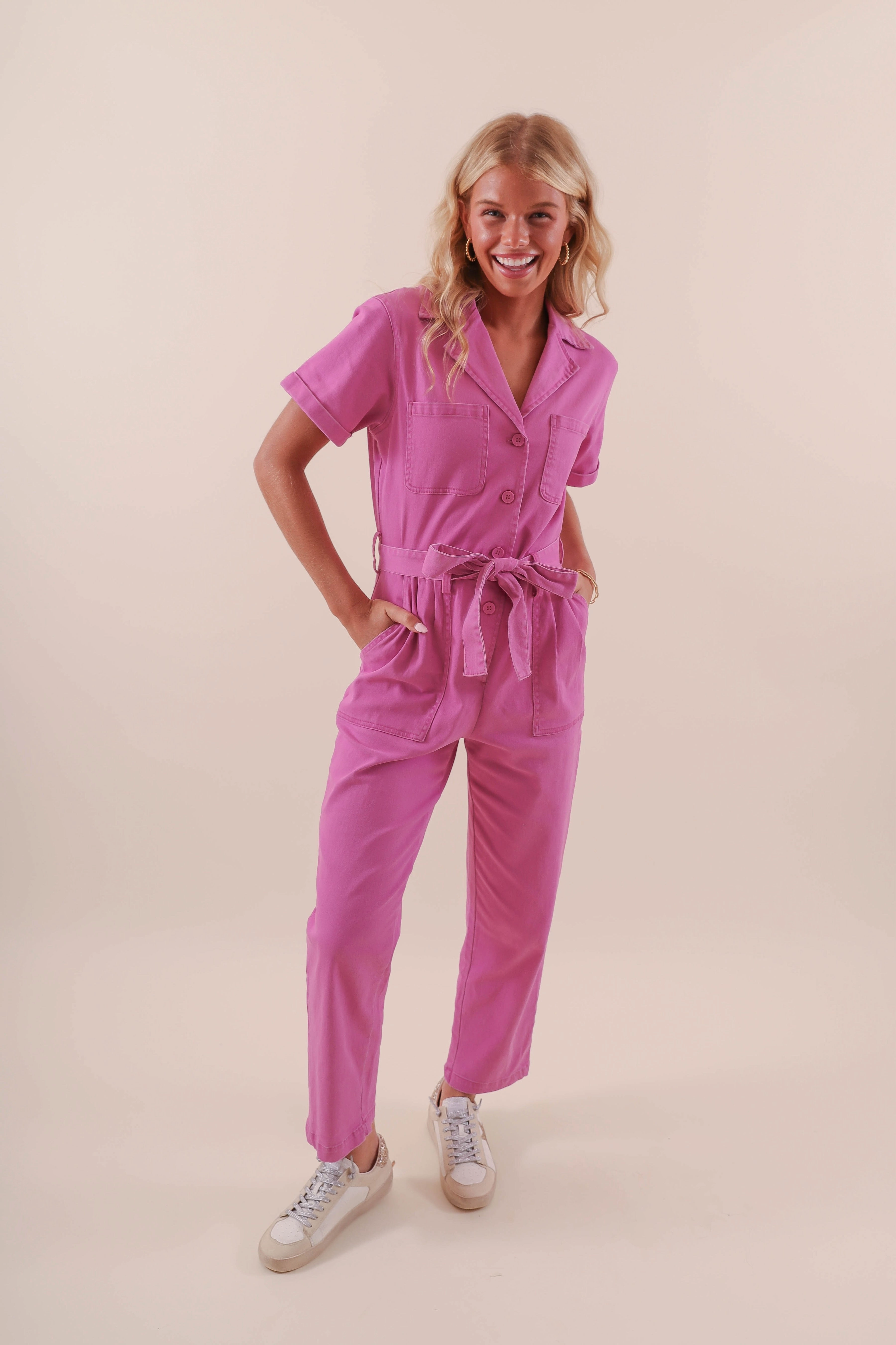 Comfy Waistband Working On Myself Jumpsuit-Magenta