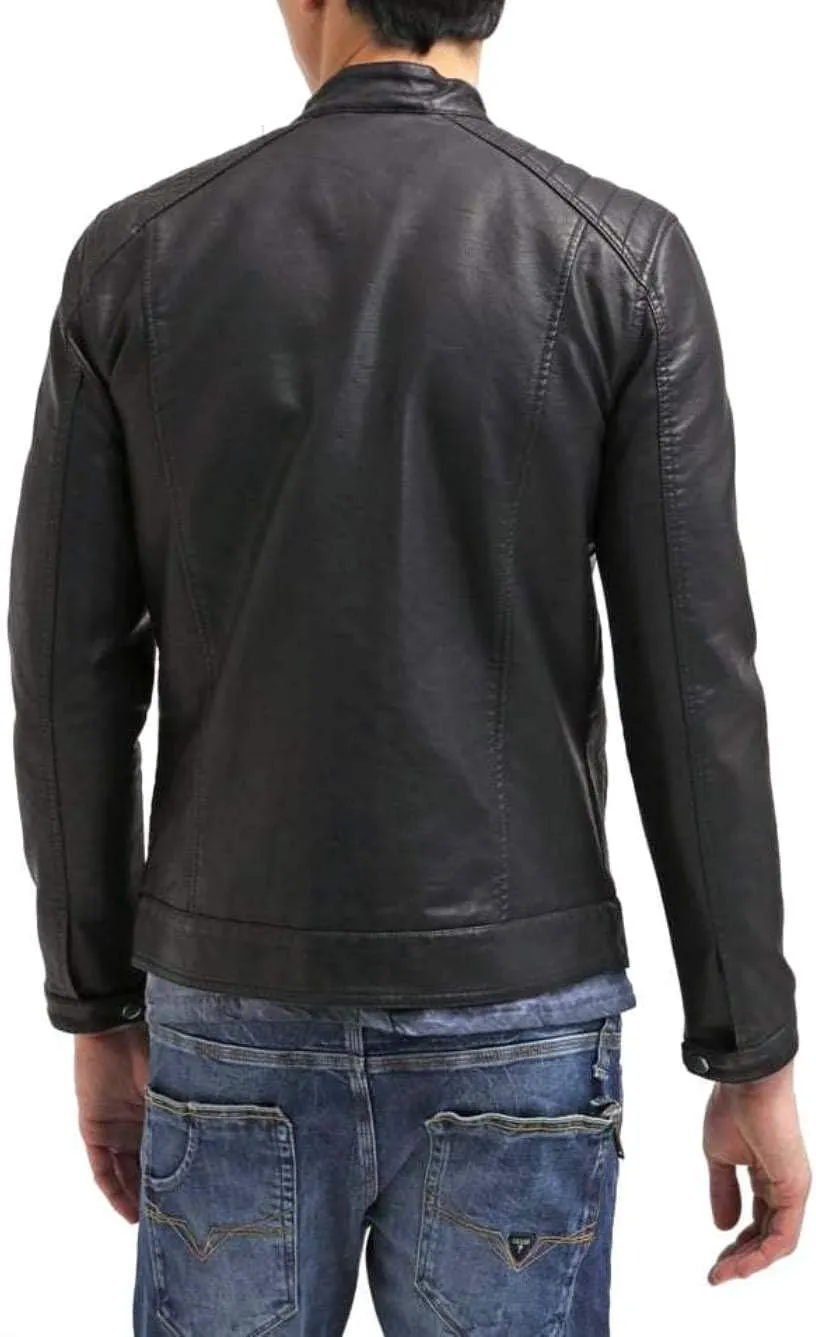 World of Leather Men's Genuine Lambskin Biker Leather Jacket Moto Shoulder Quilted